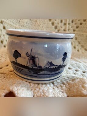 Vintage Hand Painted Windmill Sailboat Royal Delft Blue Bowl - Made in Holland